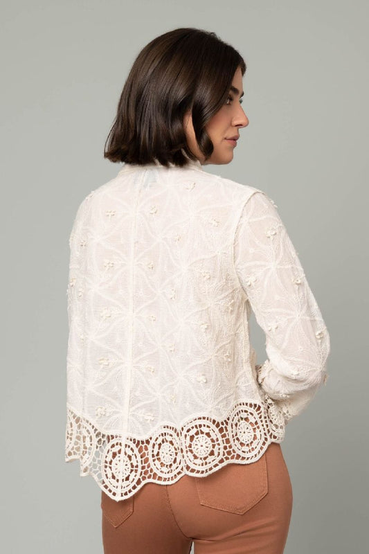 Embroidered Button Front Crochet Trim Top