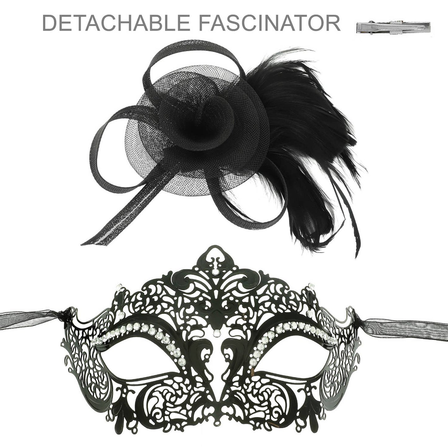 Crystal Rhinestone Masquerade Mask with Detached Fascinator