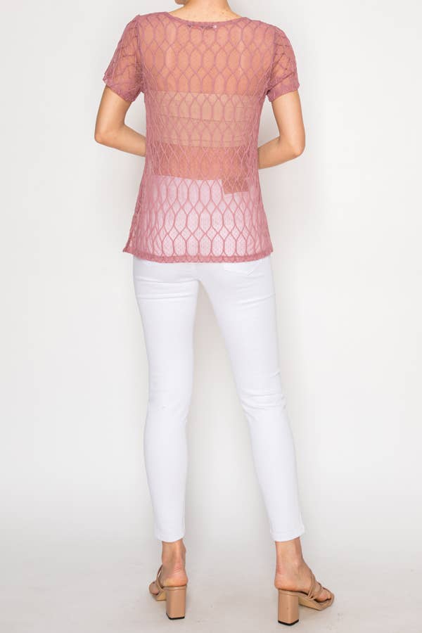 Sheer Lattice Mesh Short Sleeve Blouse