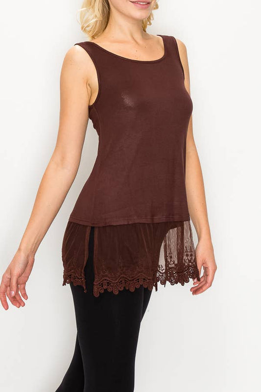 Soft Relaxed Tank With Delicate Floral Laced Hem