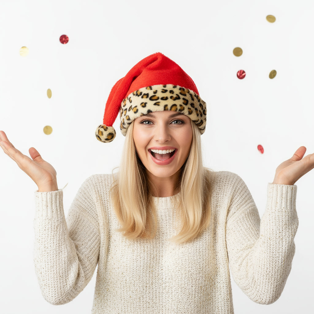 Christmas Santa Hat with Leopard Trim