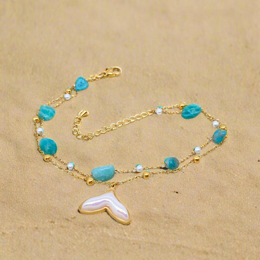 Fishtail Charm Stone Double Chain Anklet