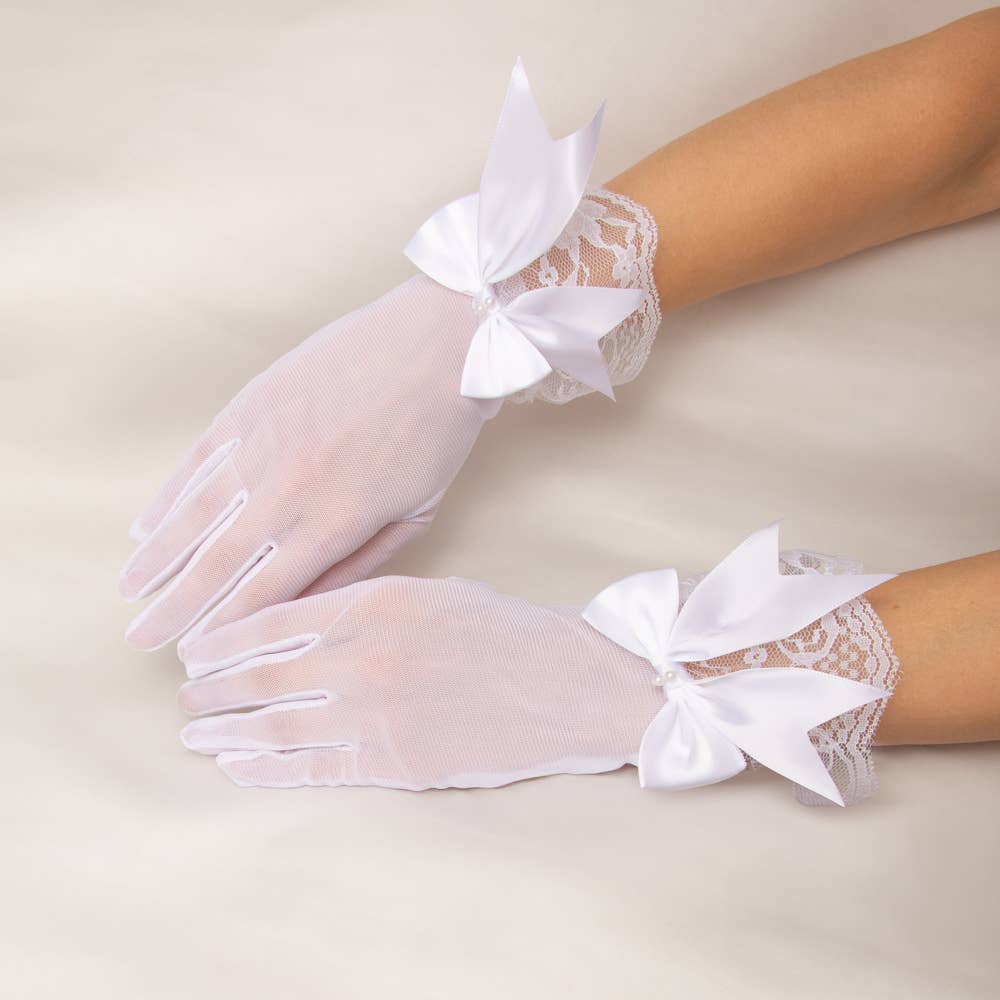 Bridal Chantilly Lace Wrist-Length Gloves with Satin Bow