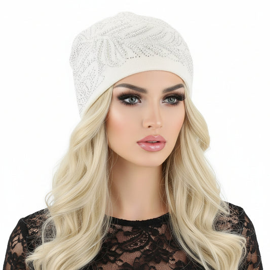 Rhinestone Encrusted Peacock Feather Beanie