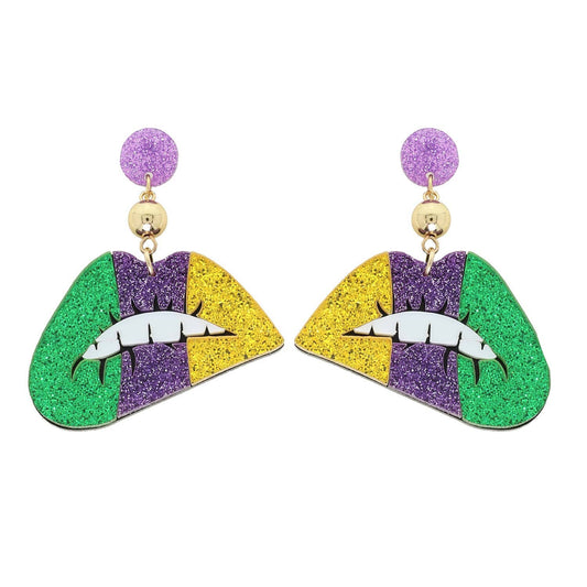 Mardi Gras Lips Glitter Acetate Earrings