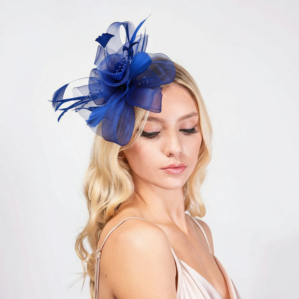 Feather & Double Floral Mesh Fascinator Headband/Clip