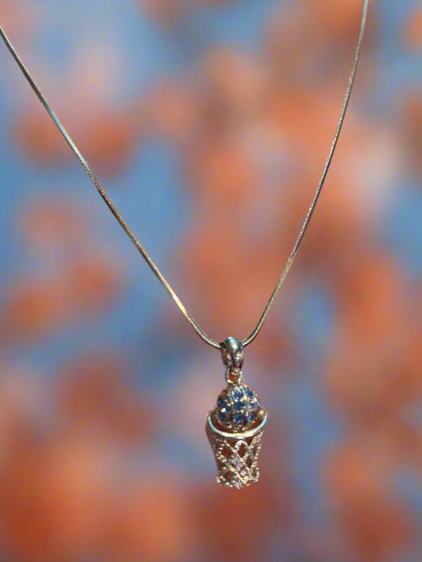 Basketball & Hoop with Blue Rhinestones Silver Necklace