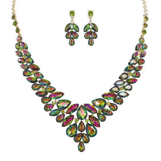 Crystal Cluster Gemstone V shaped Necklace Set