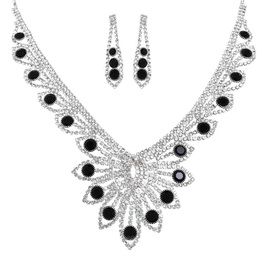 Crystal Gemstone V-Shaped Floral Necklace Set