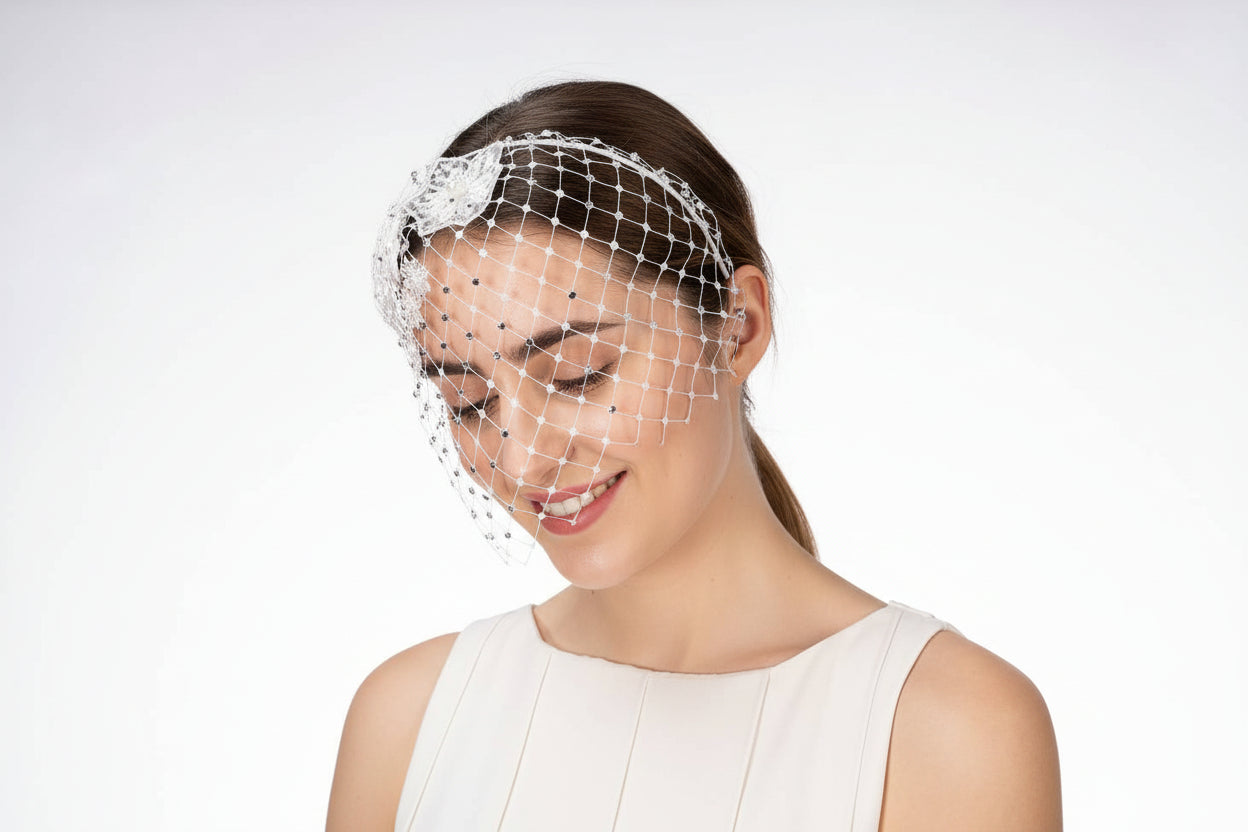Vintage Rhinestone Veil Flower Headband