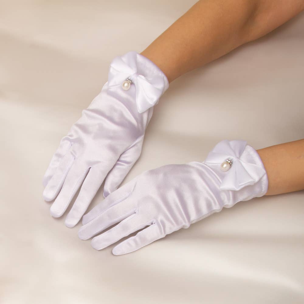 Women's Bridal Wrist Satin Gloves with Pearl Drop Bow Accent- White