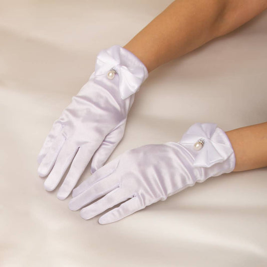 Women's Bridal Wrist Satin Gloves with Pearl Drop Bow Accent