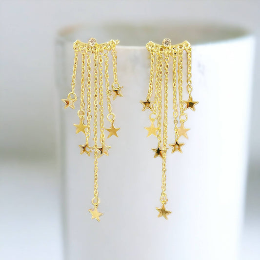 Gold Stars Drop Earrings, Long Tassel Chain Stars Earrings