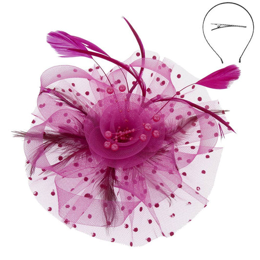 Polka Dot Feather Mesh Fascinator – Fuchsia