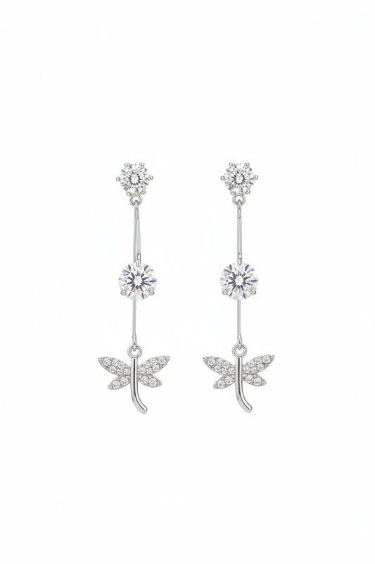 Silver Dragonfly CZ Drop Earrings