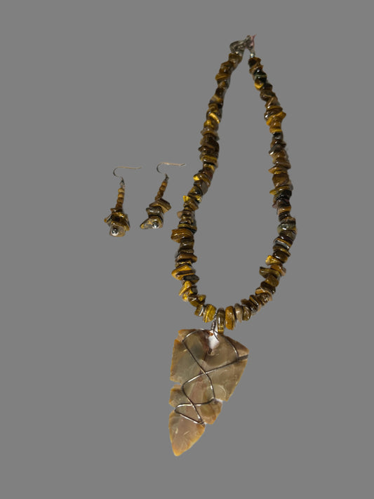 Tiger Eye Beads with Large Arrowhead Necklace Set