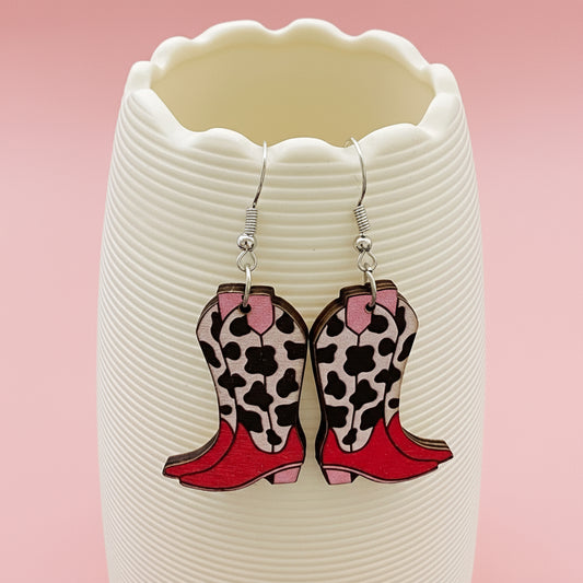 Western Style Pink Wooden Boots Dangle Earrings