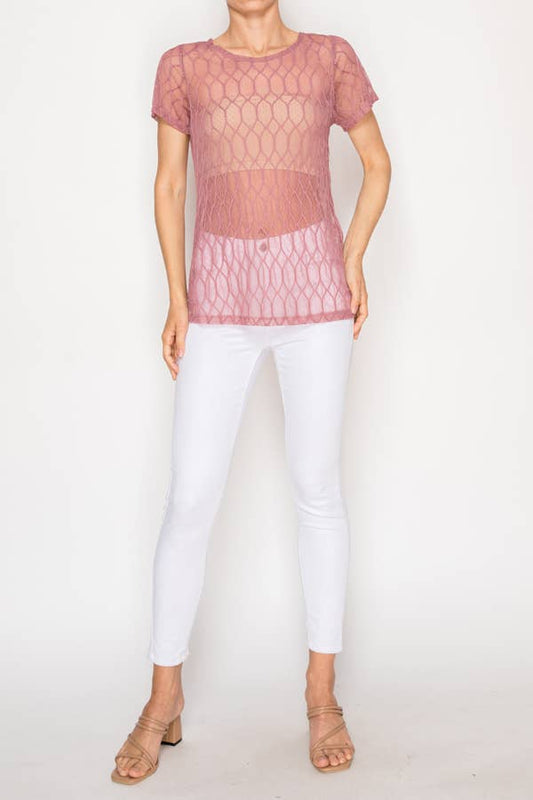 Sheer Lattice Mesh Short Sleeve Blouse