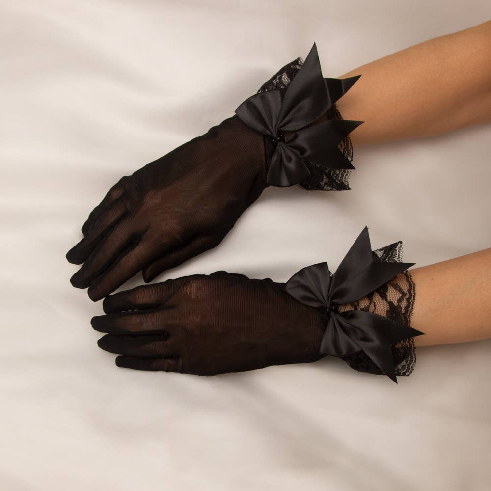 Bridal Chantilly Lace Wrist-Length Gloves with Satin Bow – Black