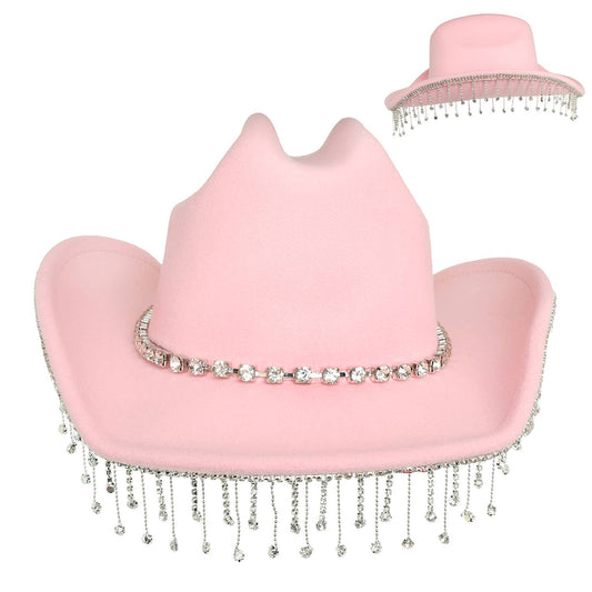Pink Rhinestone Fringe Felt Cowboy Hat