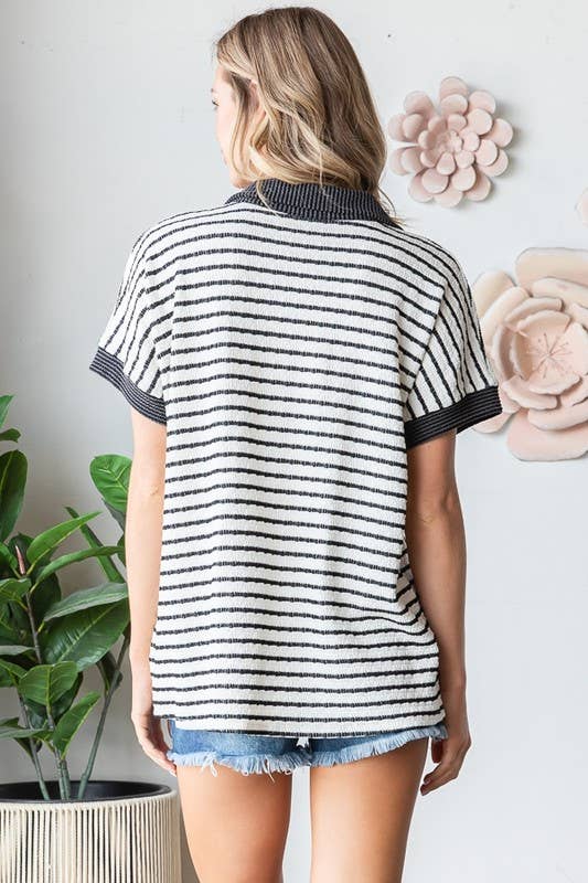 Jacquard Stripe Collar Top