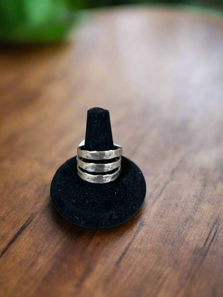 SS 3 Row Hammered Ring