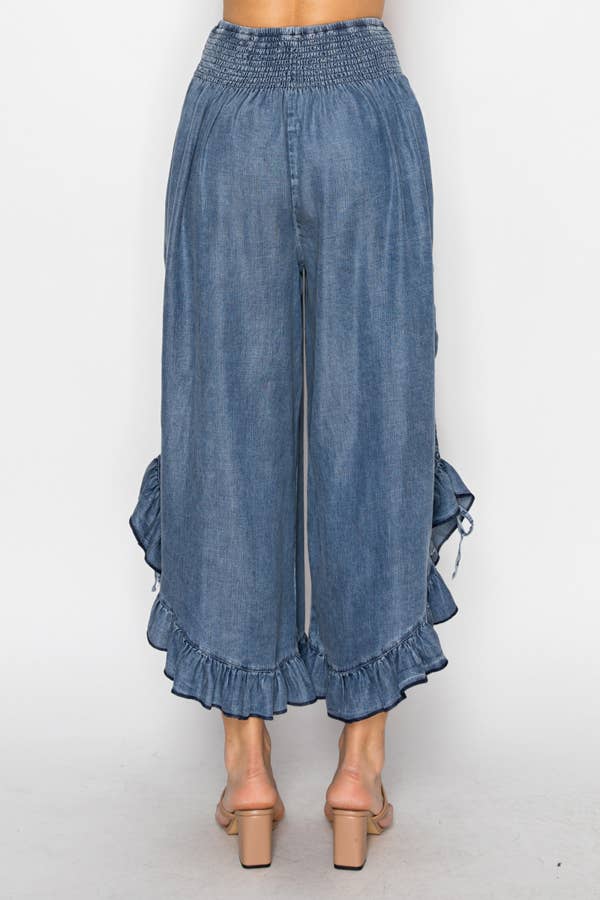 Smocked Ruffle Hem Side Tie Chambray Pants