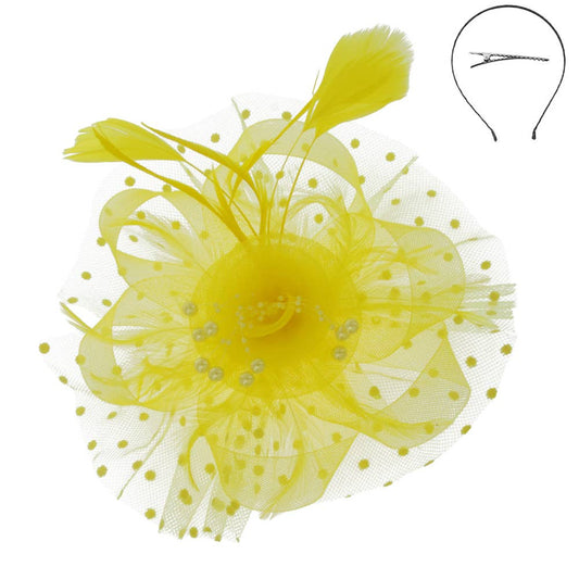 Organza Ribbon Flower Fascinator w/ Feathers & Dotted Mesh