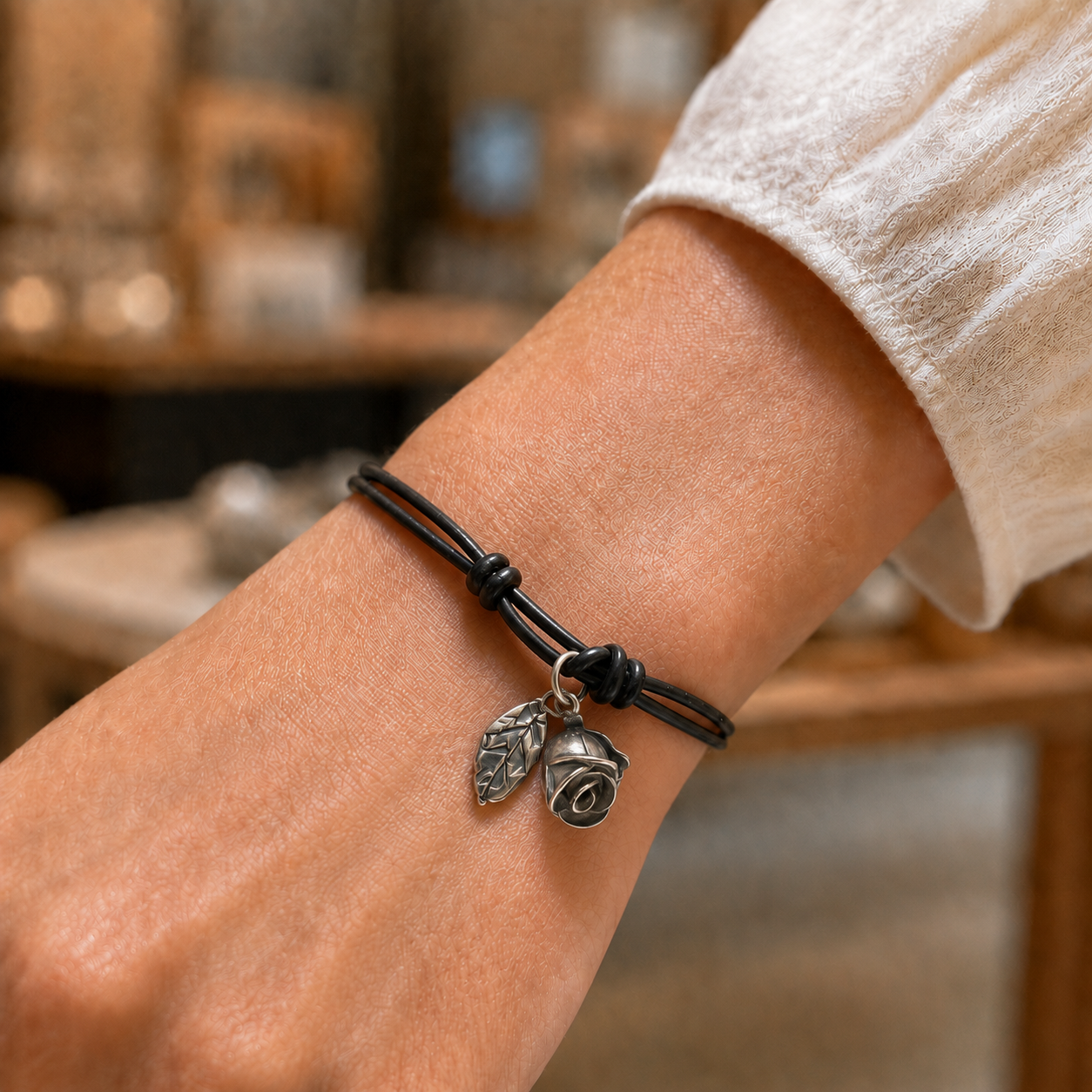 Oxidized Sterling Silver Rose Leather Bracelet
