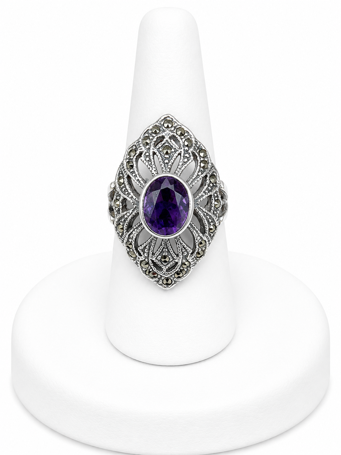 Sterling Silver Marcasite & Purple Gemstone Filigree Ring