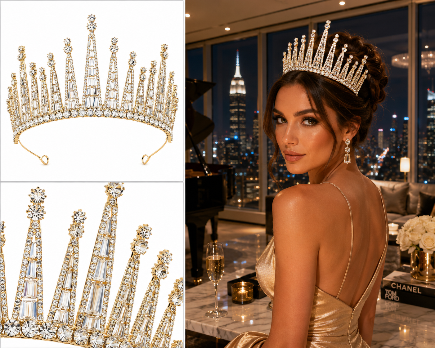 Gold High Rise Ice Tower Square Crystal Tiara