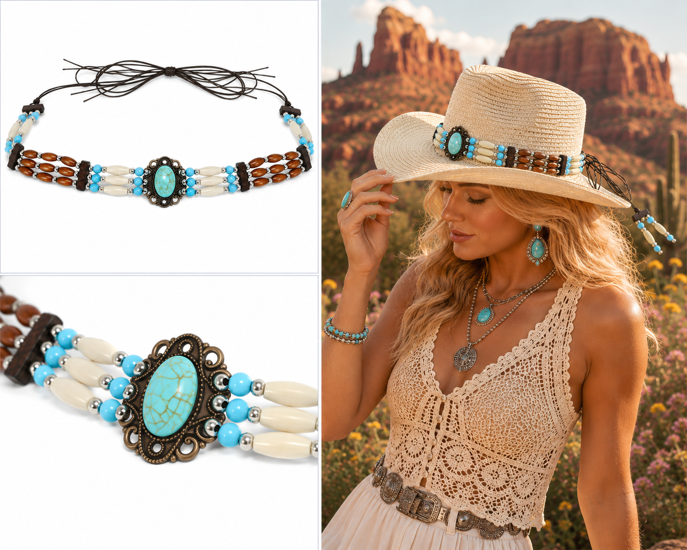 Western Turquoise Concho Beaded Hat Band