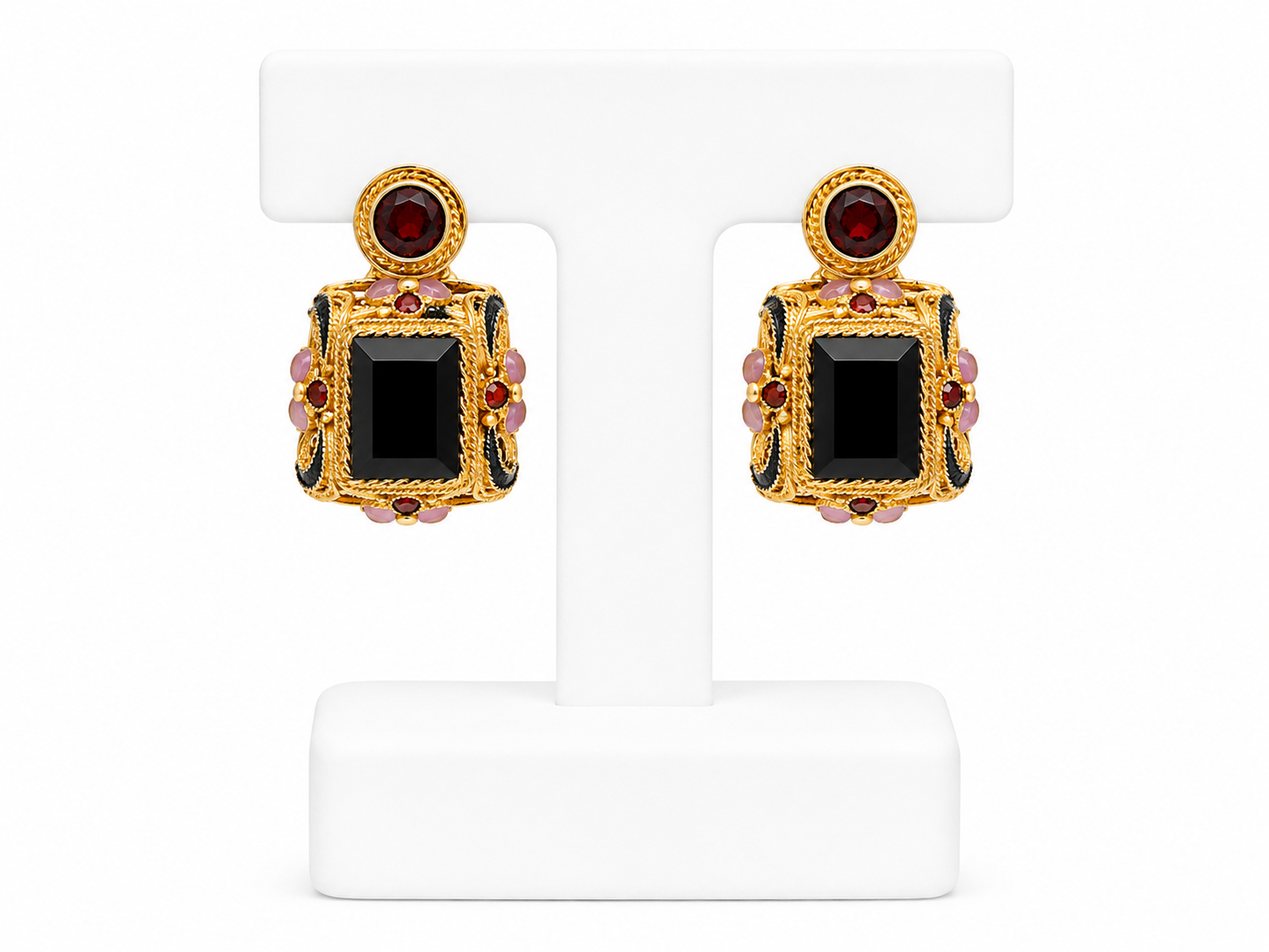 Barbara Garwood 24K Gold Over Sterling Silver Garnet & Black Stone Earrings