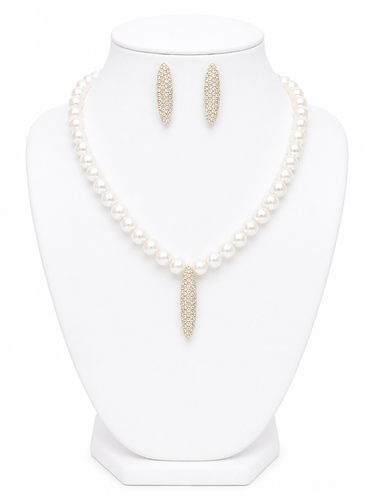 Rhinestone Embellished Metal Marquise Pearl Jewelry Set