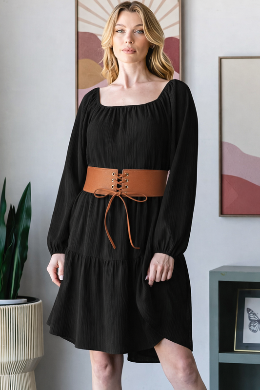 Long Puff Sleeve Square Neck Tiered Mini Dress