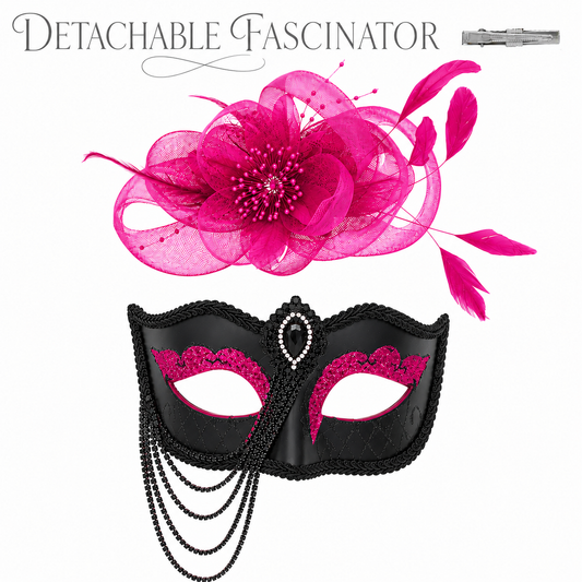 Masquerade Mask with Fascinator and Draped Crystal Chain in Fuchsia