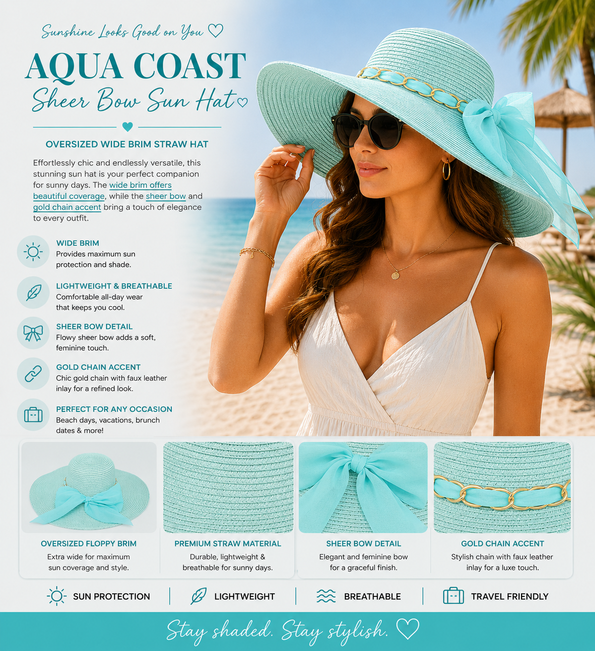 Aqua Coast Sheer Bow Sun Hat