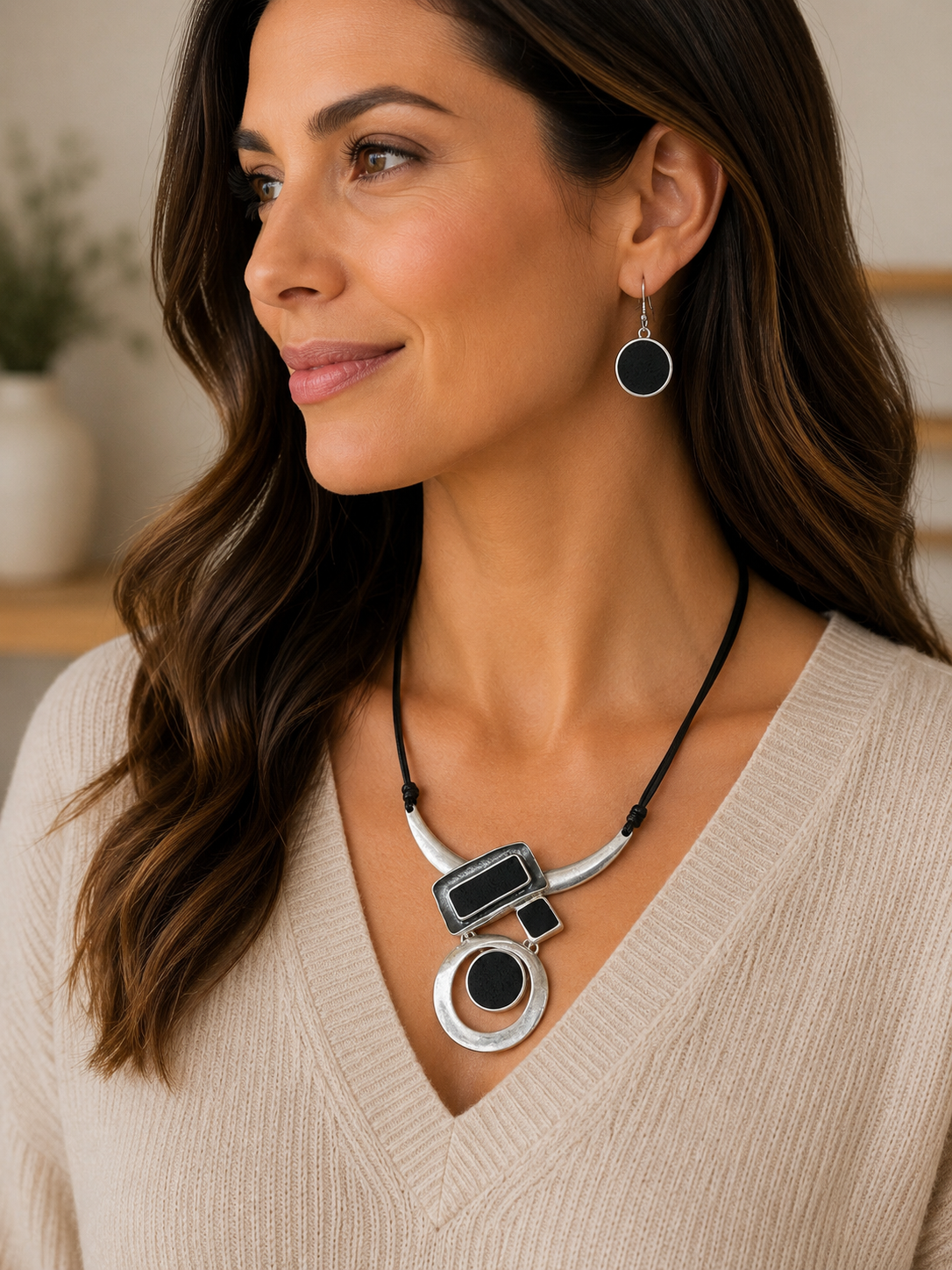 Modern Black & Silver Statement Necklace Set