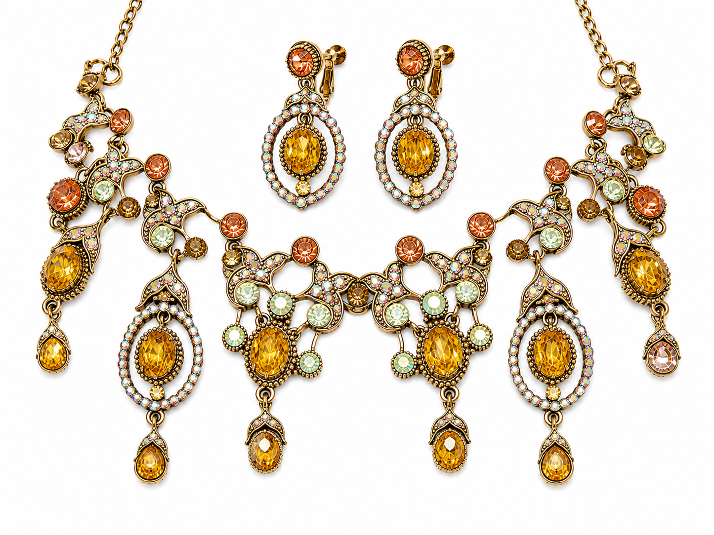 Vintage Glamour Crystal Statement Necklace & Clip Earring Set