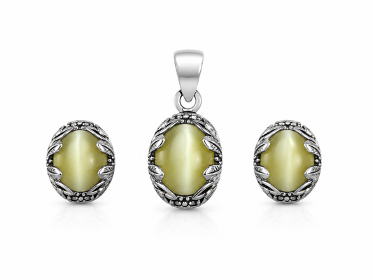 Sterling Silver Cat's Eye Pendant & Earring Set