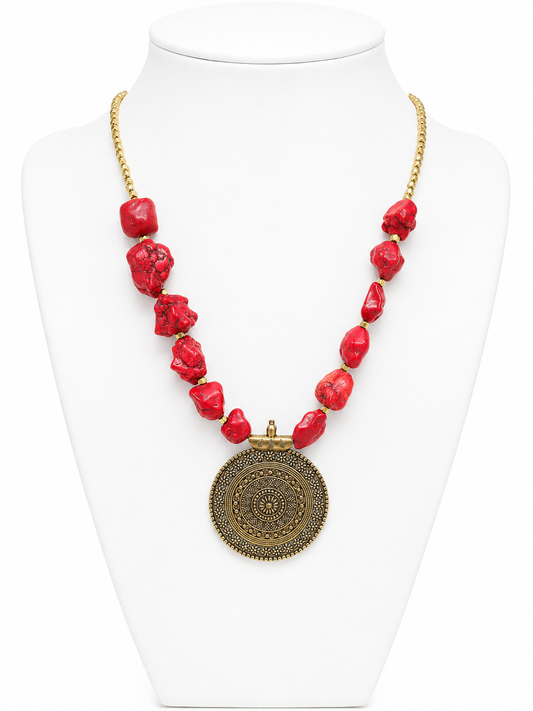 Gold Medalion Red Stone Necklace