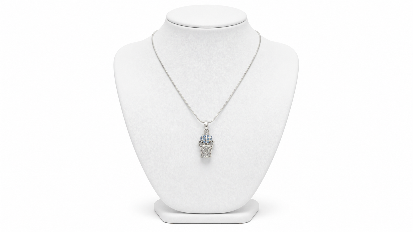 Basketball & Hoop with Blue Rhinestones Silver Necklace