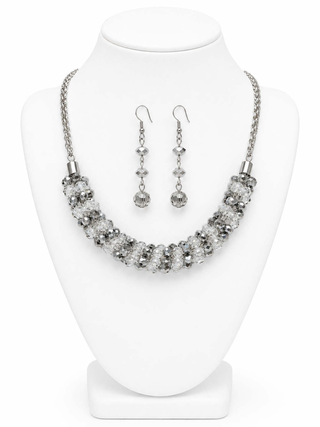 Silver & Crystal Cluster Necklace Set