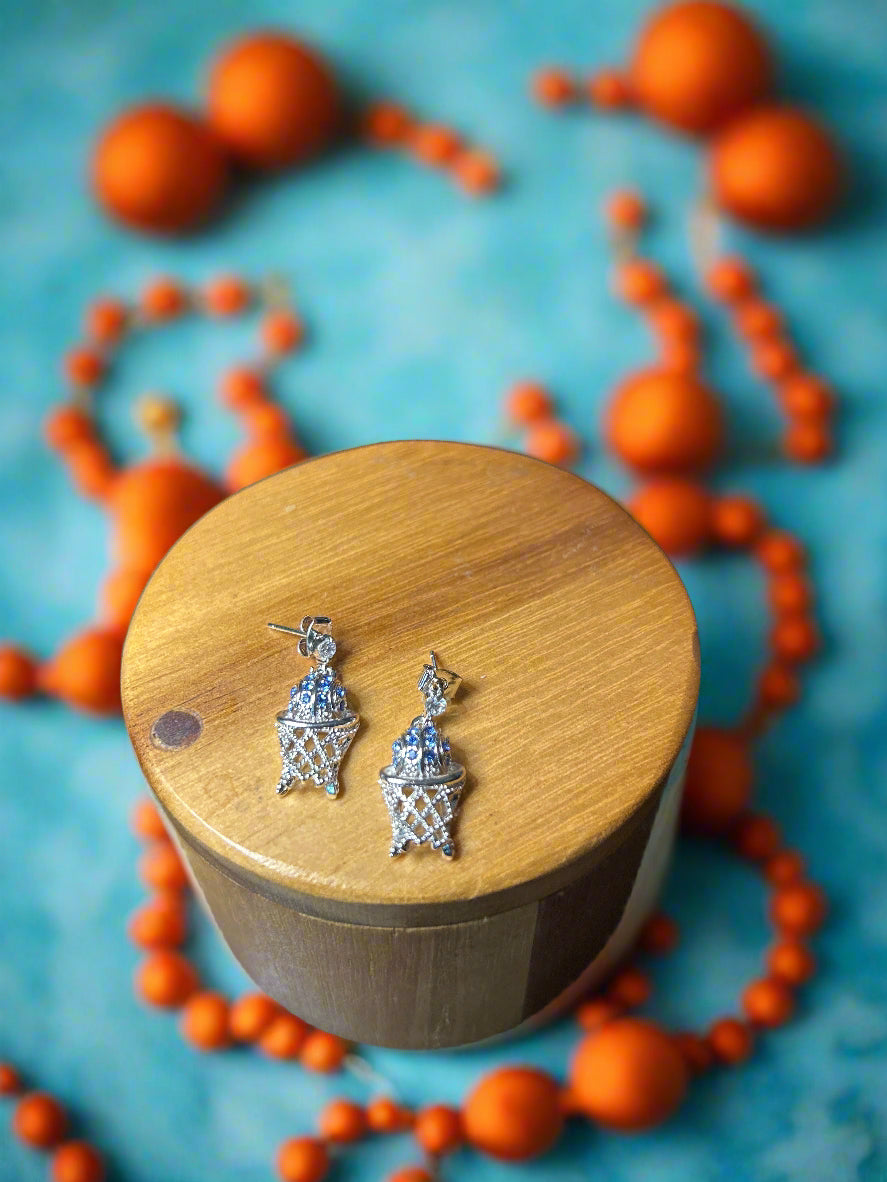 Basketball & Hoop Blue Rhinestone Earrings