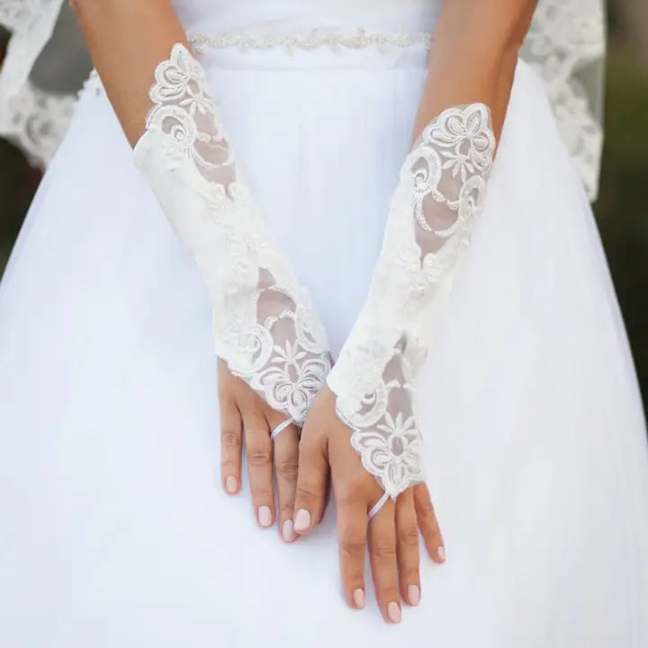 Satin Bridal Fingerless Gloves with Lace