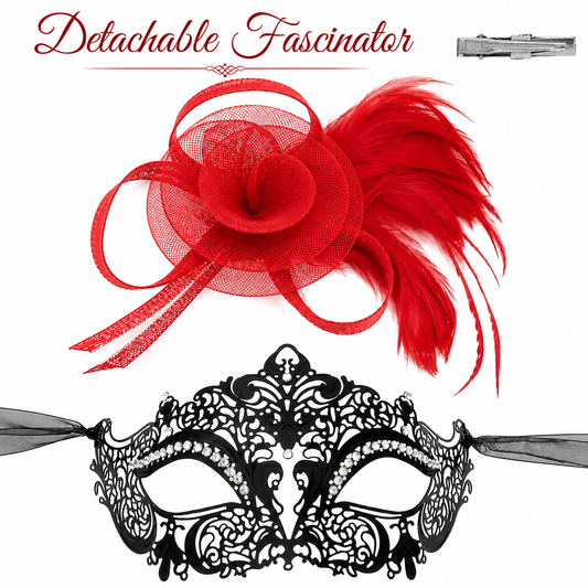 Crystal Rhinestone Masquerade Mask with Detached Fascinator – Red & Black