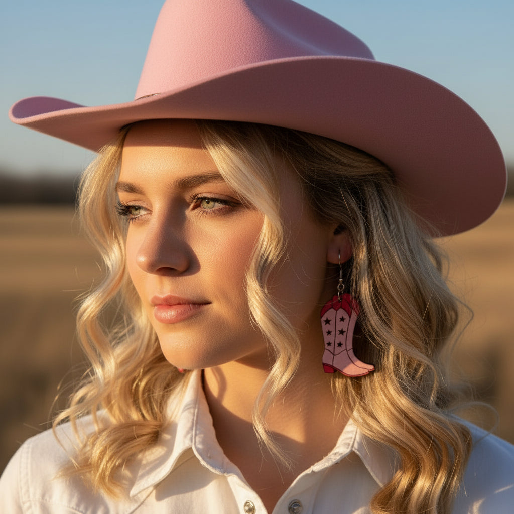 Western Style Pink Wooden Boots Dangle Earrings
