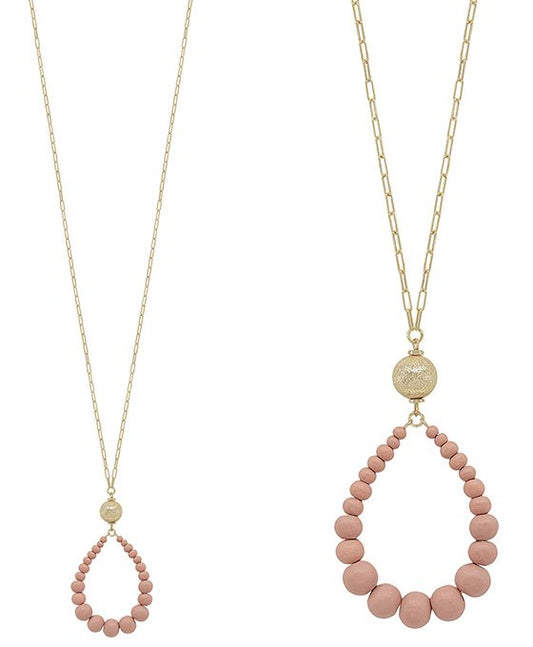 Satin Metal Ball Accent Teardrop Long Necklace & Earring Set