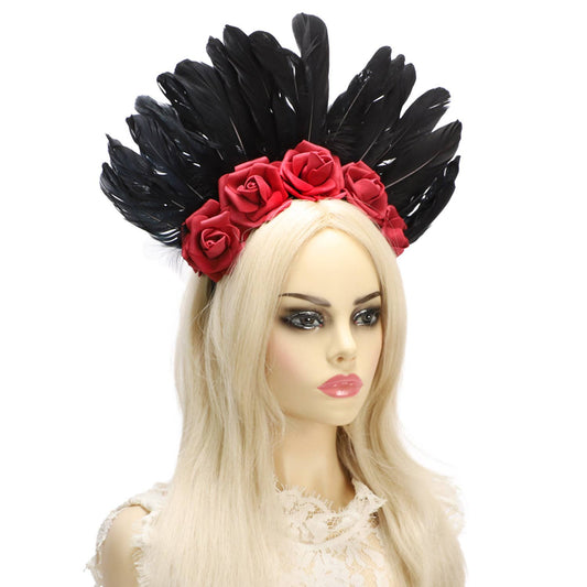 Floral Two-Tone Headband with Red Rose and Black Feathers