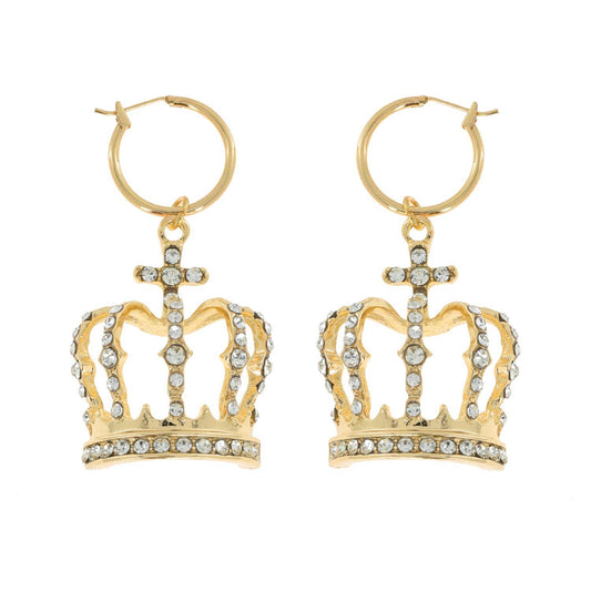 Crystal Royal Crown Charm Hoop Earrings